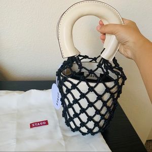 Staud Moreau mini leather and macramé bucket bag